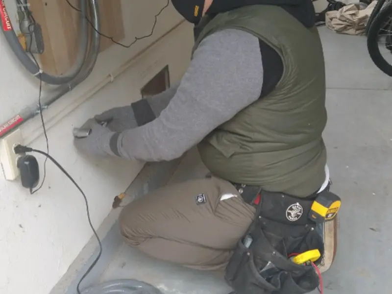 Electrician performing outlet wiring in a Townsend garage